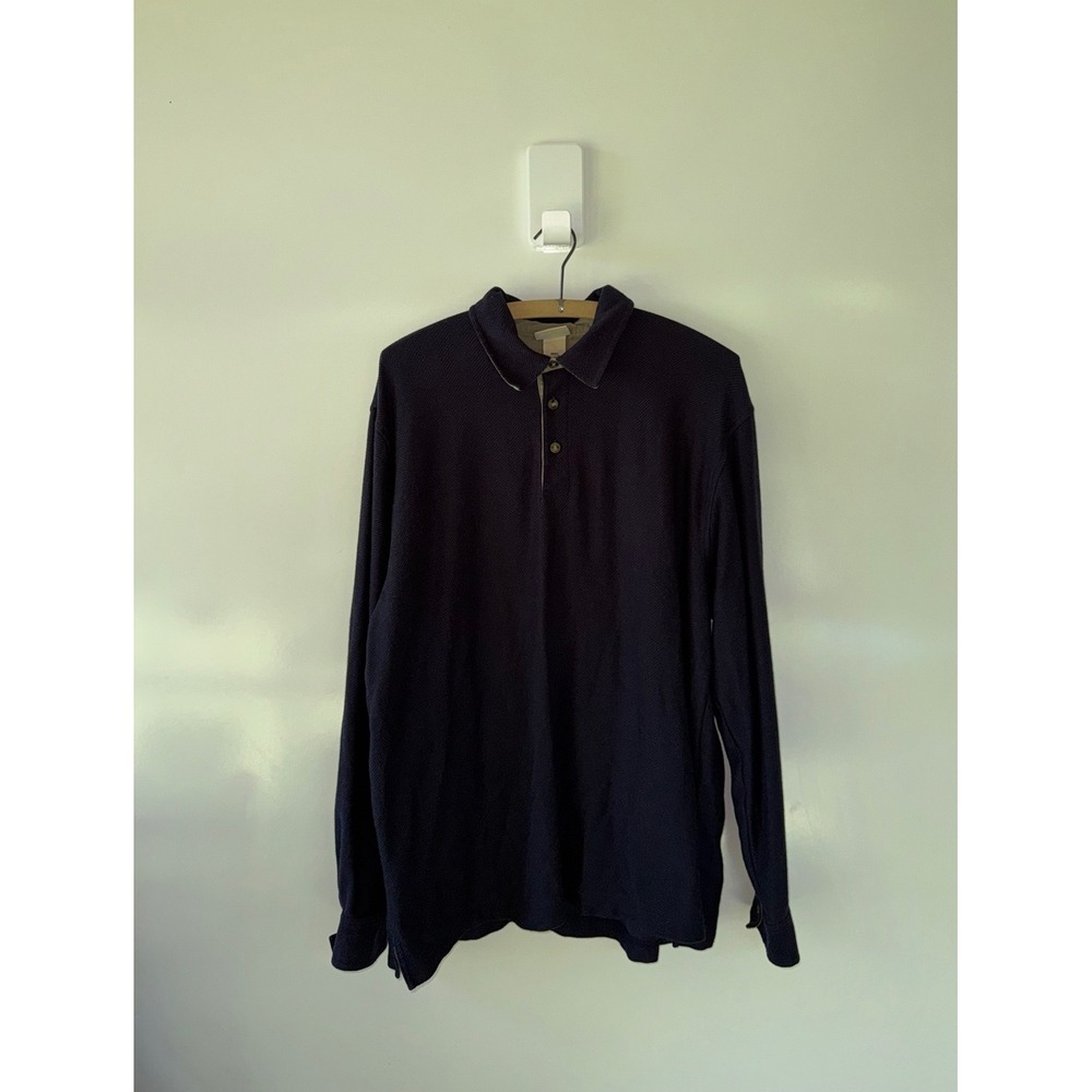 LL Bean Mens Navy Blue Herringbone Long Sleeve Polo Shirt Cotton Large L-REG